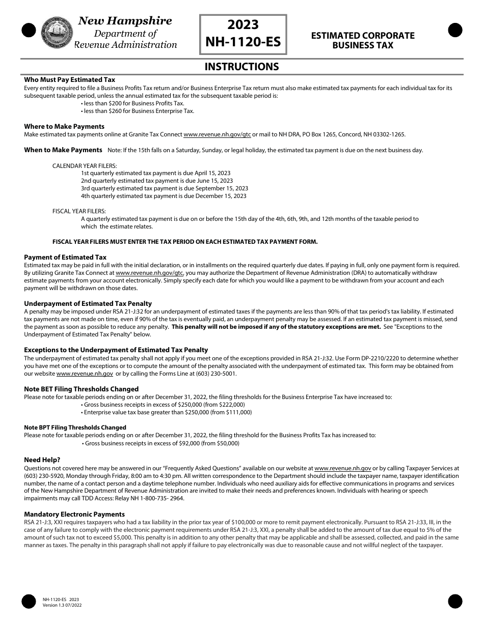 Form NH-1120-ES Estimated Corporate Business Tax - New Hampshire, Page 4
