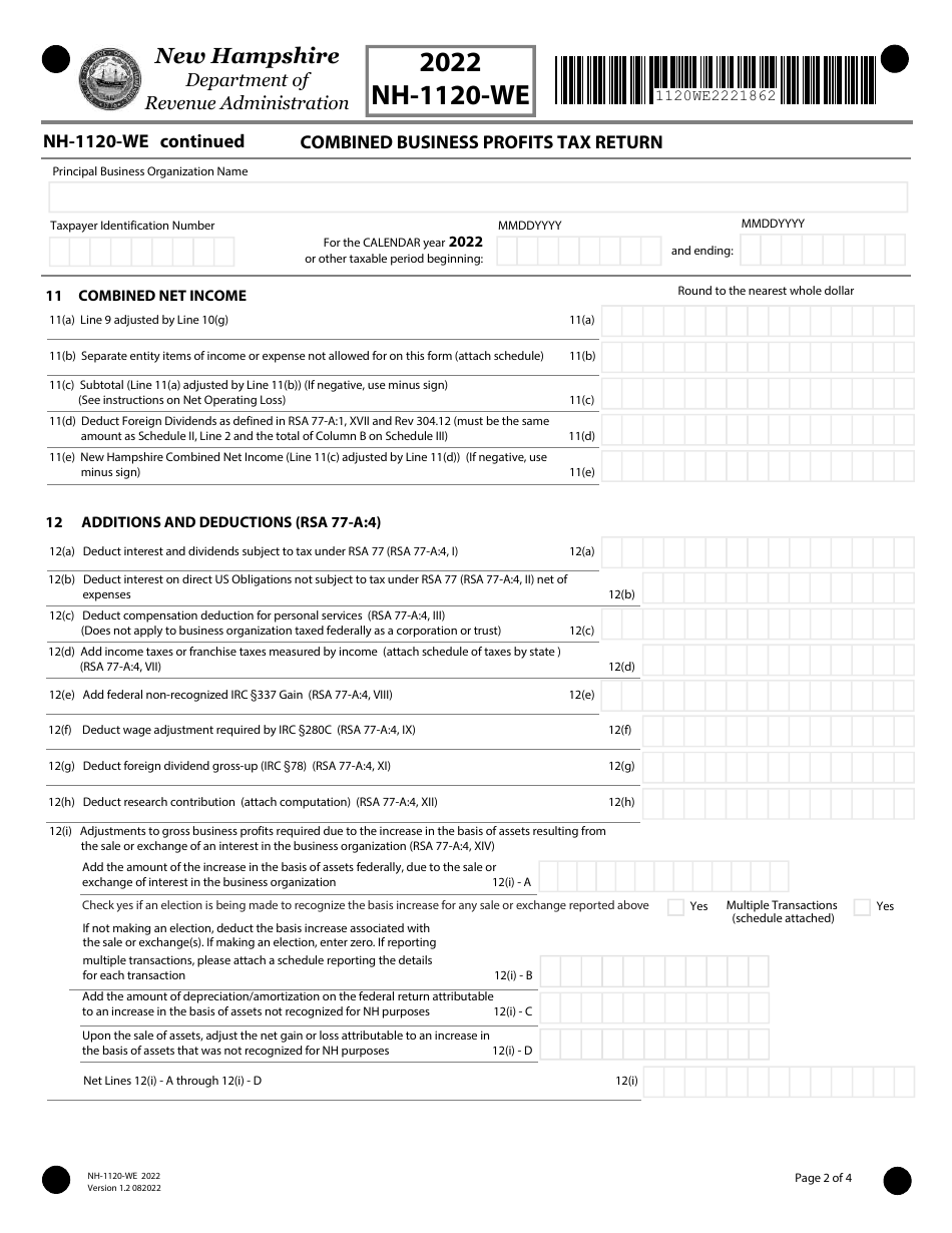 Form NH-1120-WE Combined Business Profits Tax Return - New Hampshire, Page 2