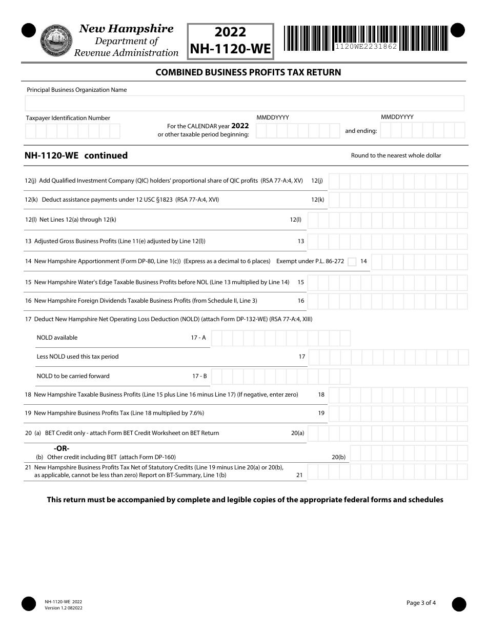 Form NH-1120-WE Combined Business Profits Tax Return - New Hampshire, Page 3