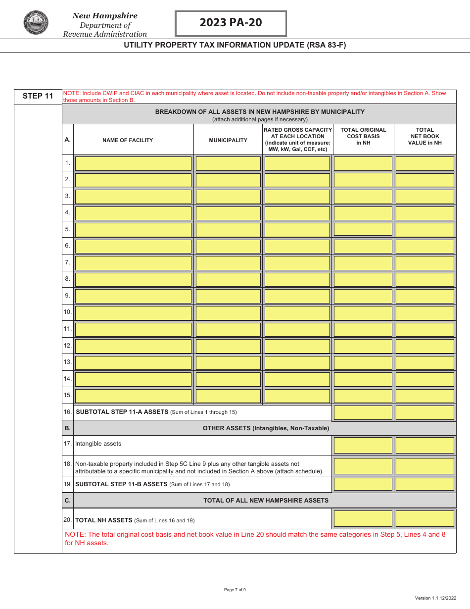 Form PA-20 Utility Property Tax Information Update (Rsa 83-f) - New Hampshire, Page 7