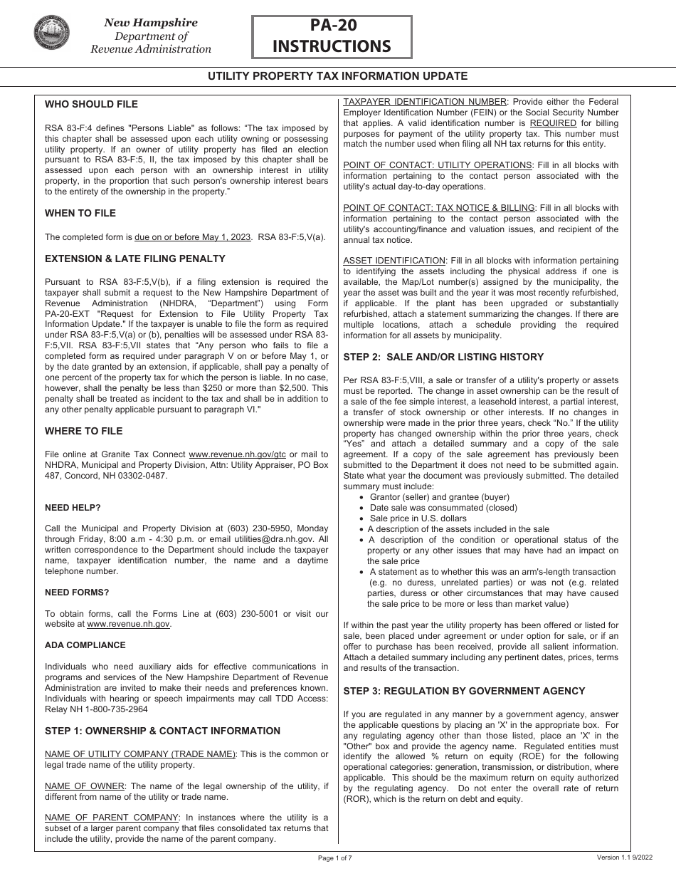 Download Instructions for Form PA20 Utility Property Tax Information
