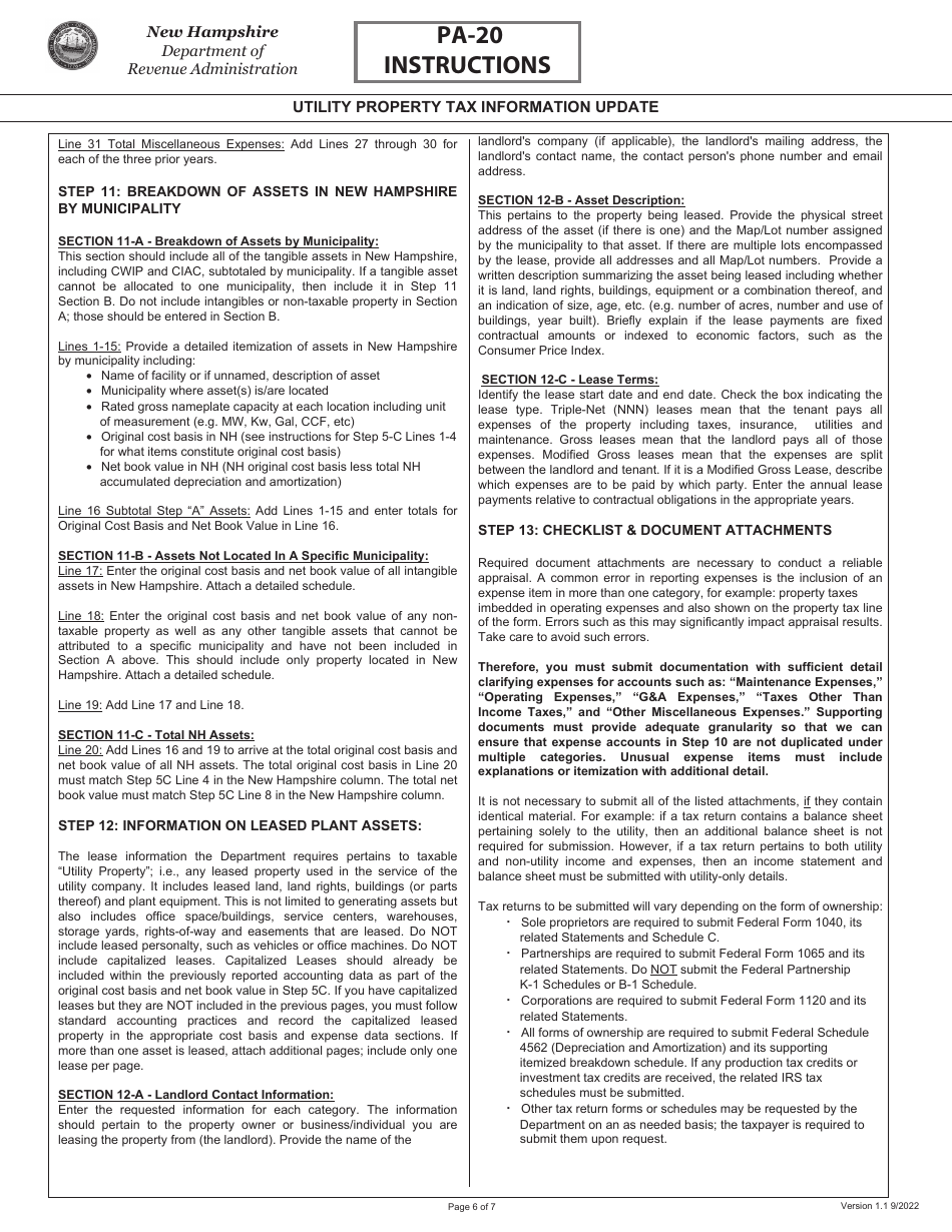 Instructions for Form PA-20 Utility Property Tax Information Update - New Hampshire, Page 6