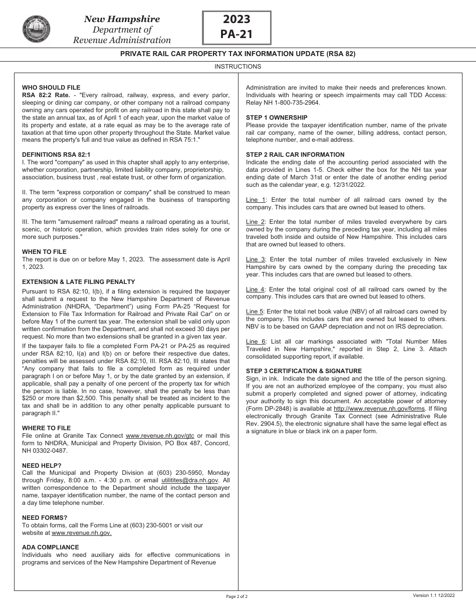 Form PA-21 Private Rail Car Property Tax Information Update (Rsa 82) - New Hampshire, Page 2
