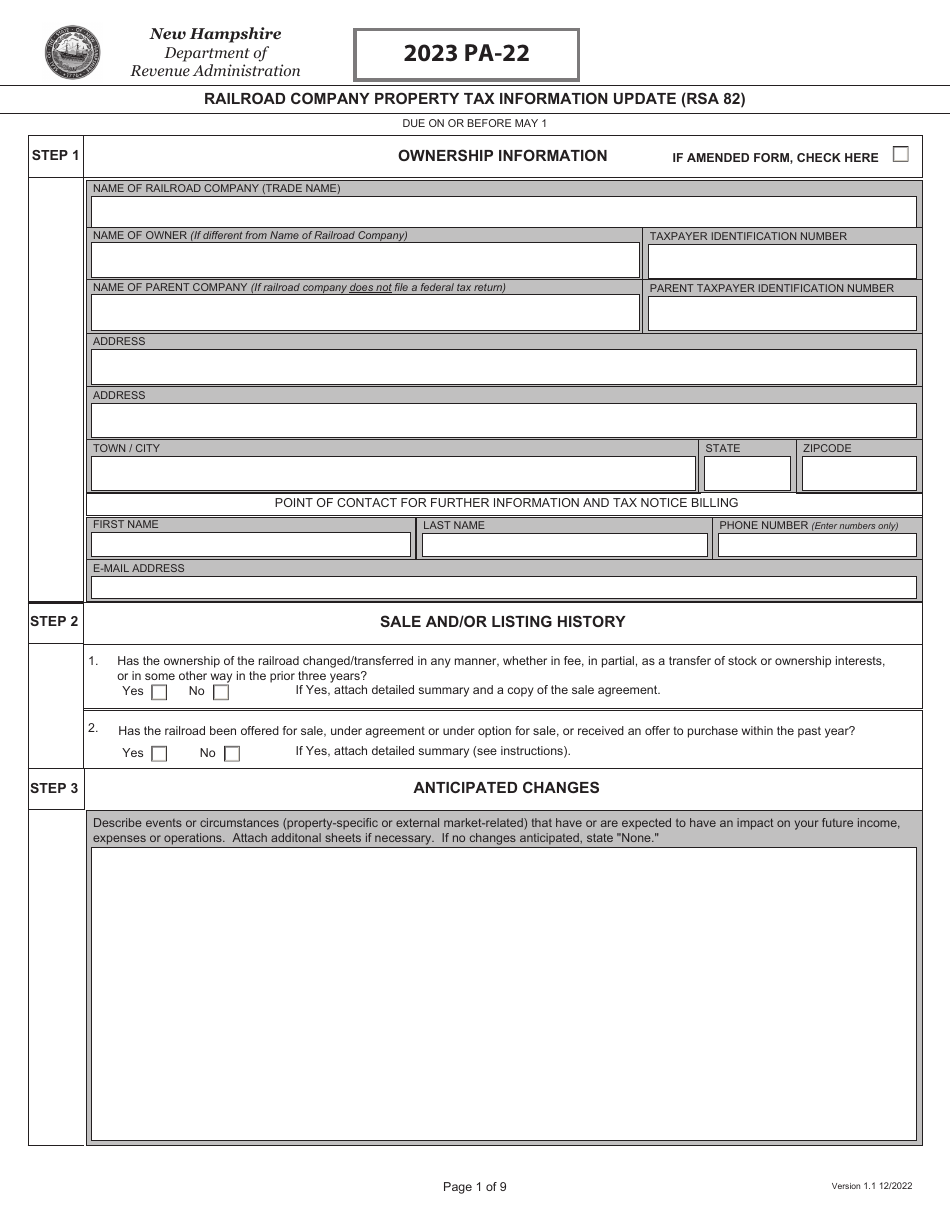 Form PA-22 Railroad Company Property Tax Information Update (Rsa 82) - New Hampshire, Page 1
