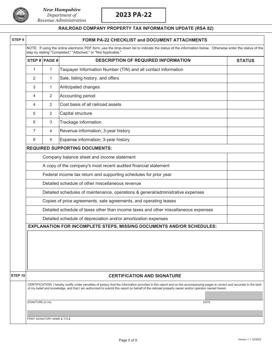 Form PA-22 Railroad Company Property Tax Information Update (Rsa 82) - New Hampshire, Page 5