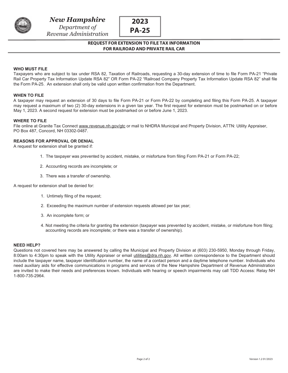 Form PA-25 Request for Extension to File Tax Information for Railroad and Private Rail Car - New Hampshire, Page 2