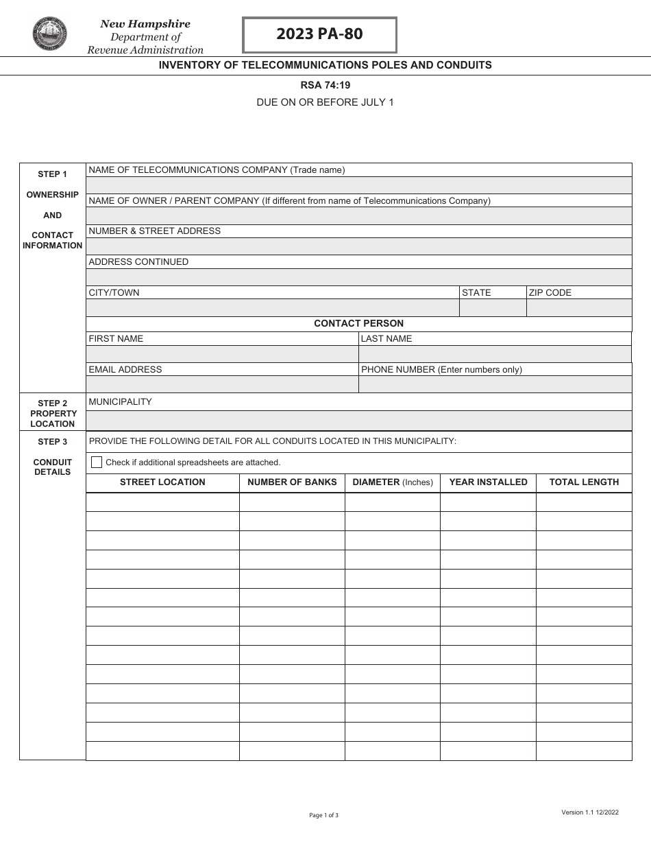 Form PA-80 Inventory of Telecommunications Poles and Conduits - New Hampshire, Page 1