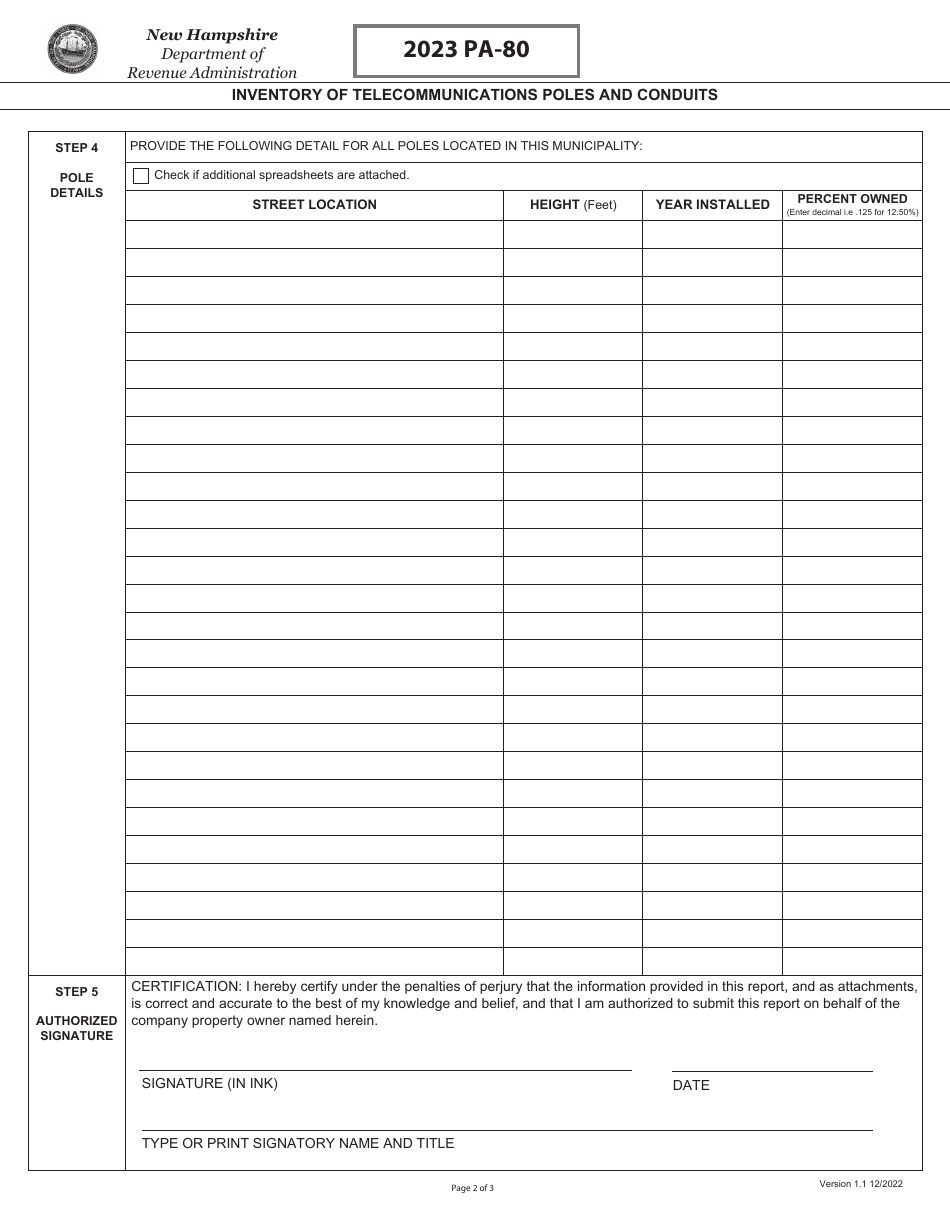 Form PA-80 Inventory of Telecommunications Poles and Conduits - New Hampshire, Page 2