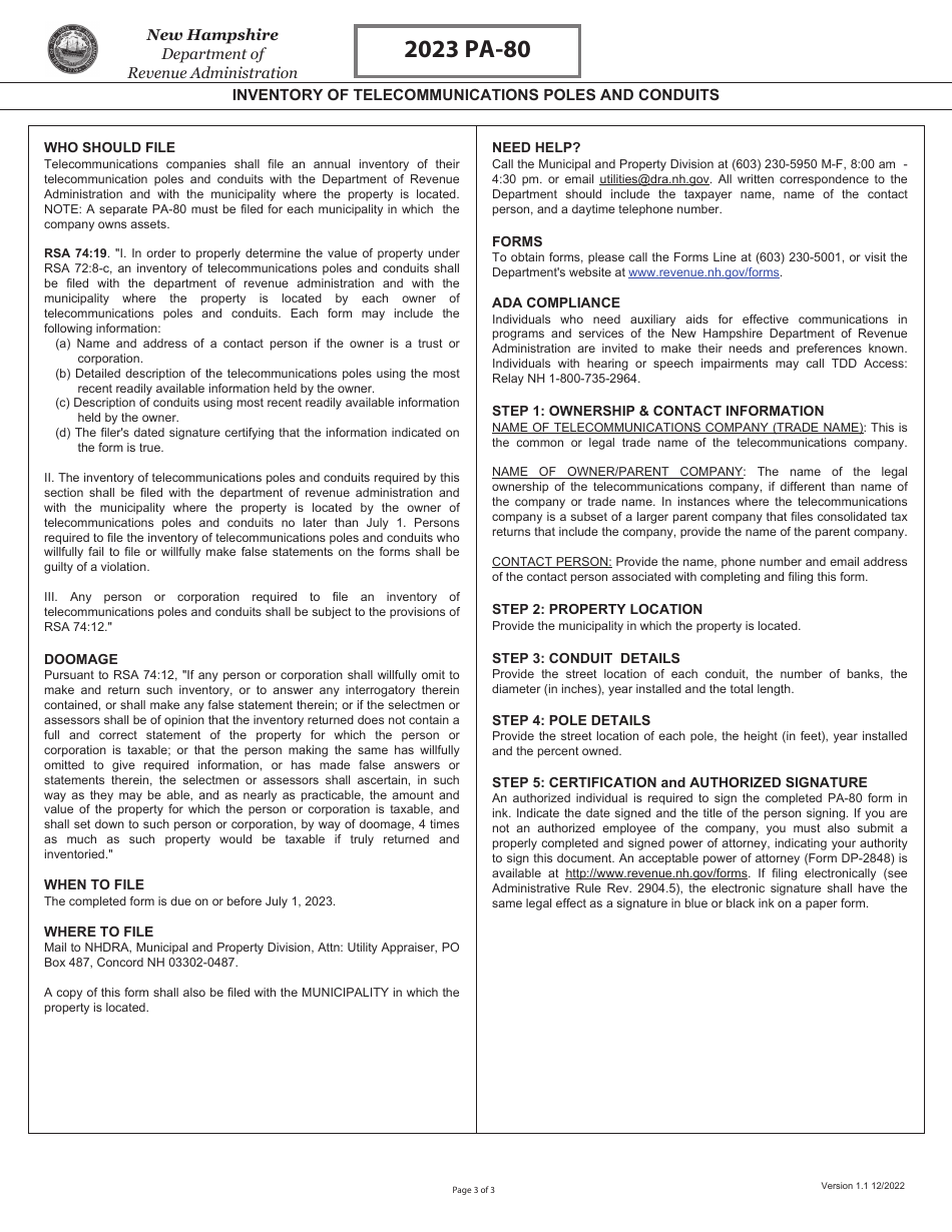 Form PA-80 Inventory of Telecommunications Poles and Conduits - New Hampshire, Page 3