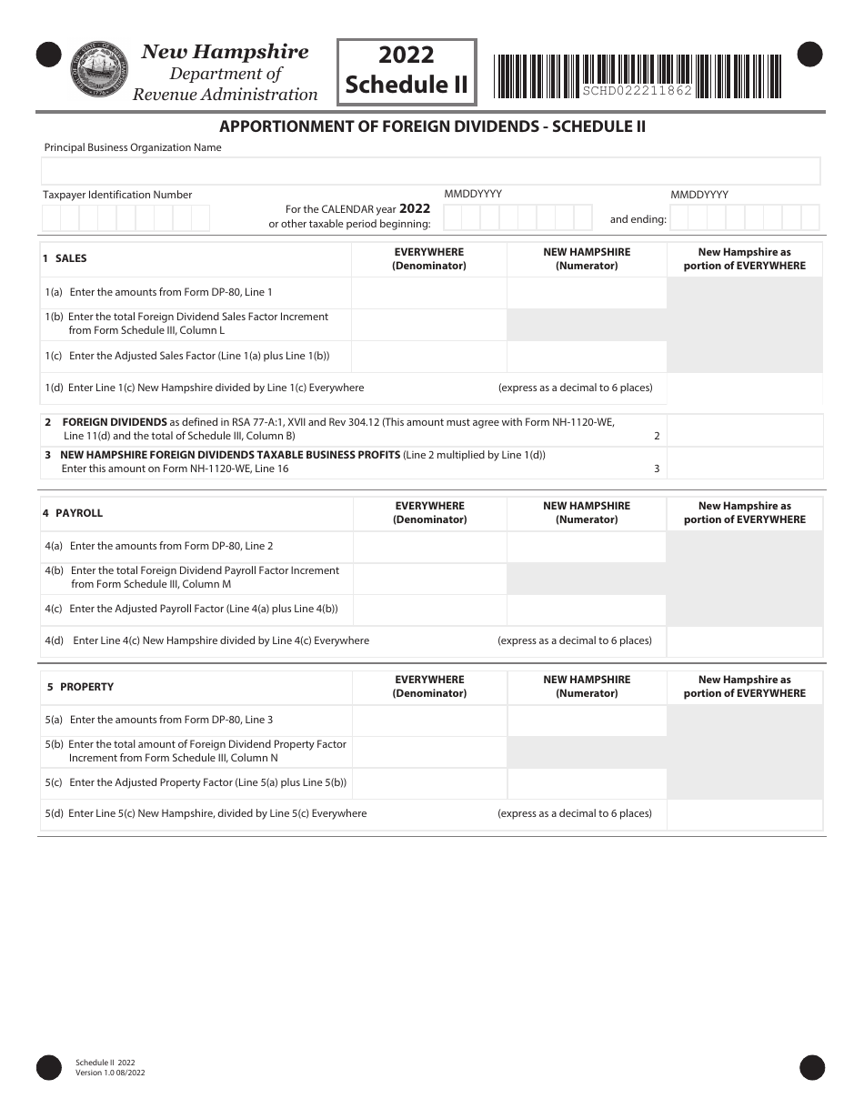 Schedule II Apportionment of Foreign Dividends - New Hampshire, Page 1