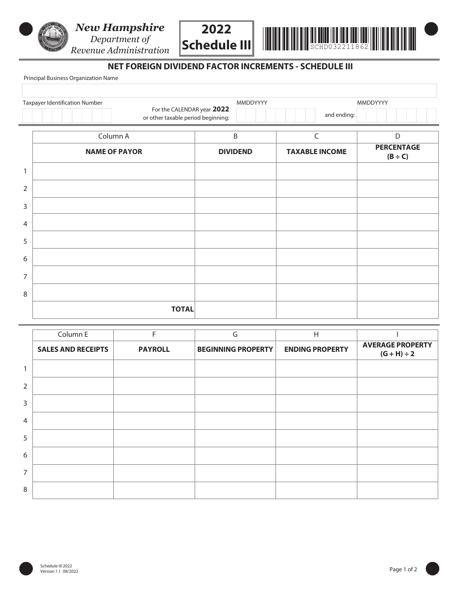 Schedule III Net Foreign Dividend Factor Increments - New Hampshire, Page 1