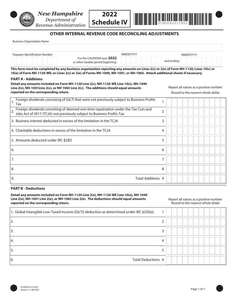 Schedule IV Other Internal Revenue Code Reconciling Adjustments - New Hampshire, Page 1