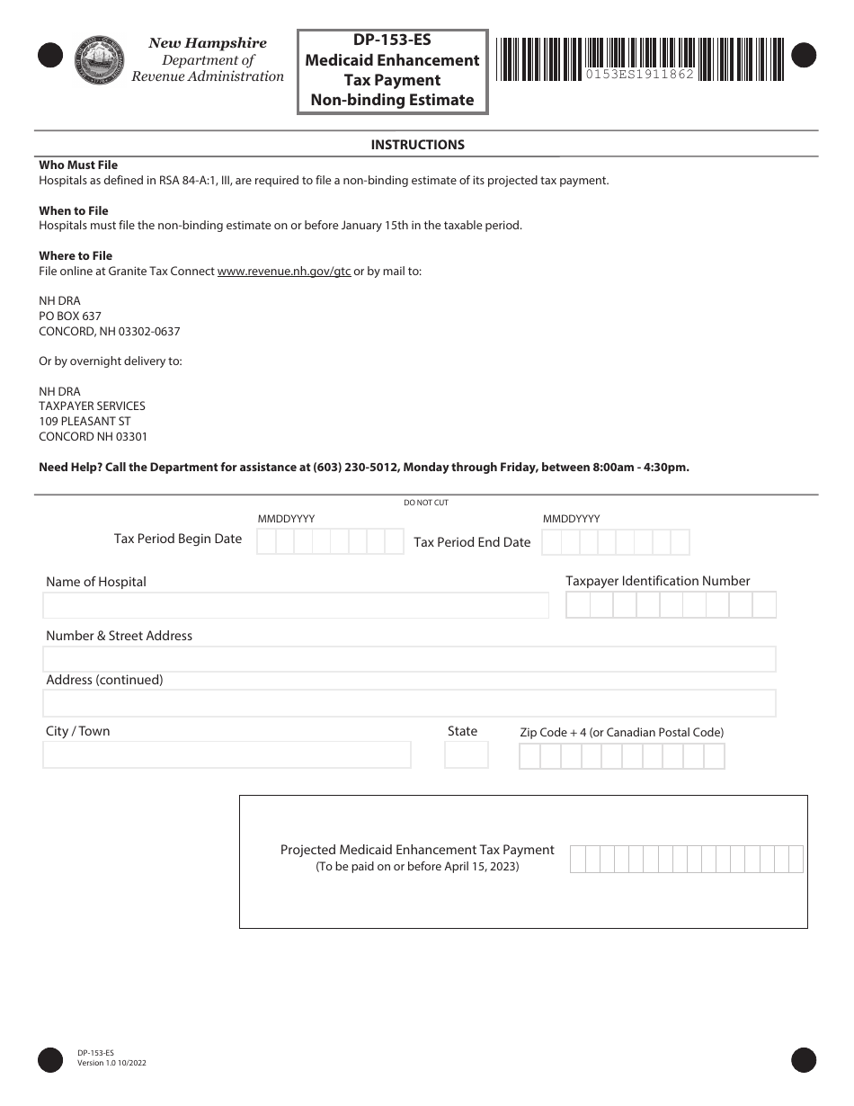Form DP-153-ES Medicaid Enhancement Tax Payment Non-binding Estimate - New Hampshire, Page 1