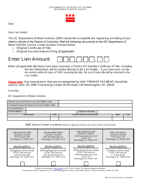 Form DMV-VS-LH Letter-002 Lien Holder Letter - Washington, D.C.