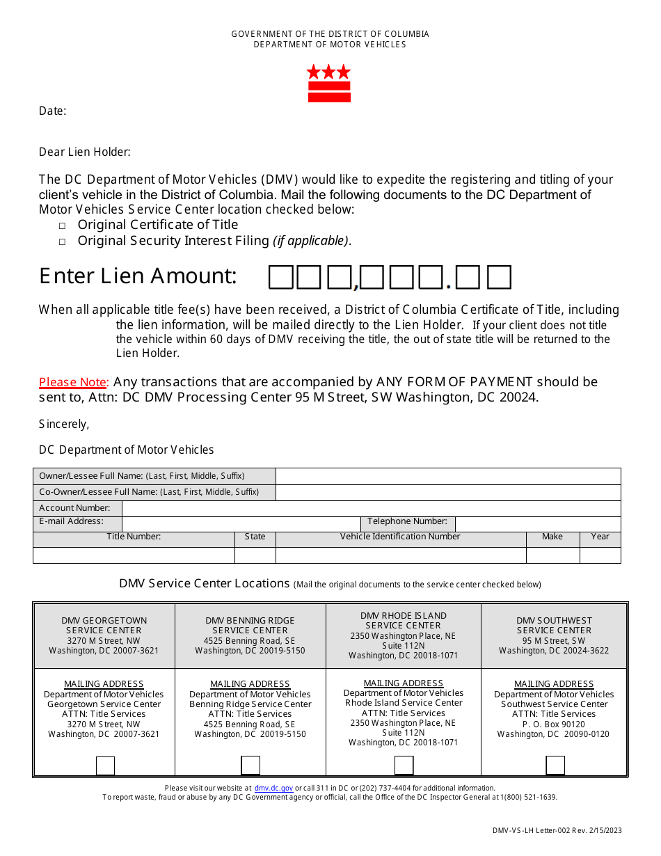 Form DMV-VS-LH Letter-002 Lien Holder Letter - Washington, D.C., Page 1