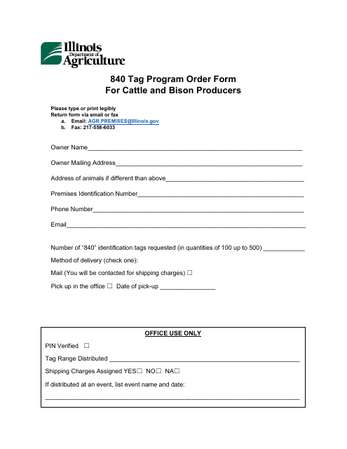 840 Tag Program Order Form for Cattle and Bison Producers - Illinois Download Pdf