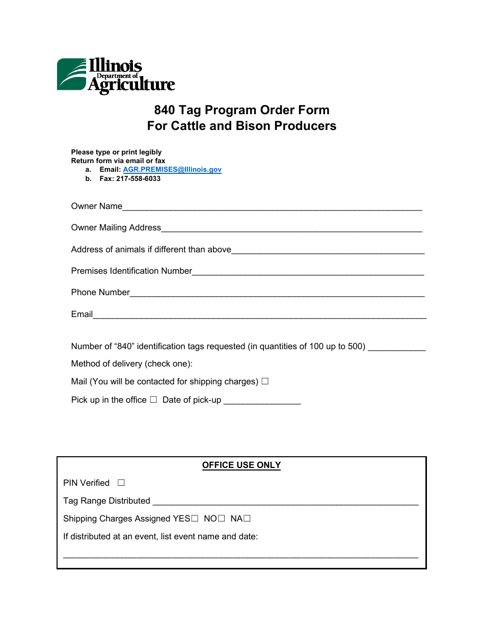 840 Tag Program Order Form for Cattle and Bison Producers - Illinois, Page 1