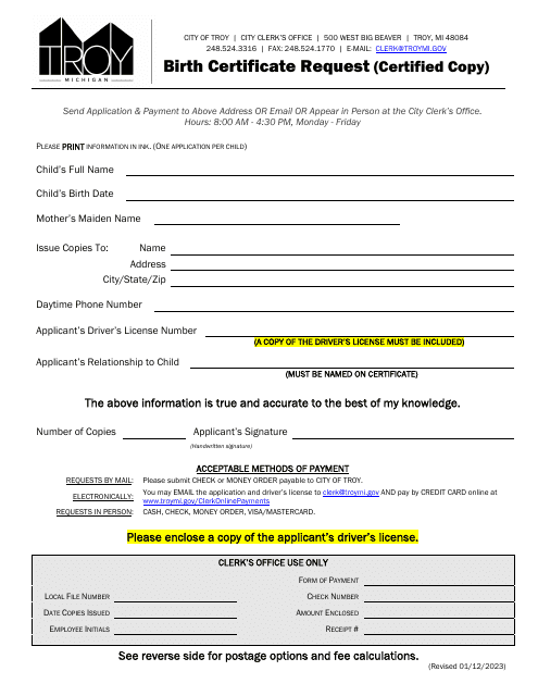 Birth Certificate Request - City of Troy, Michigan Download Pdf