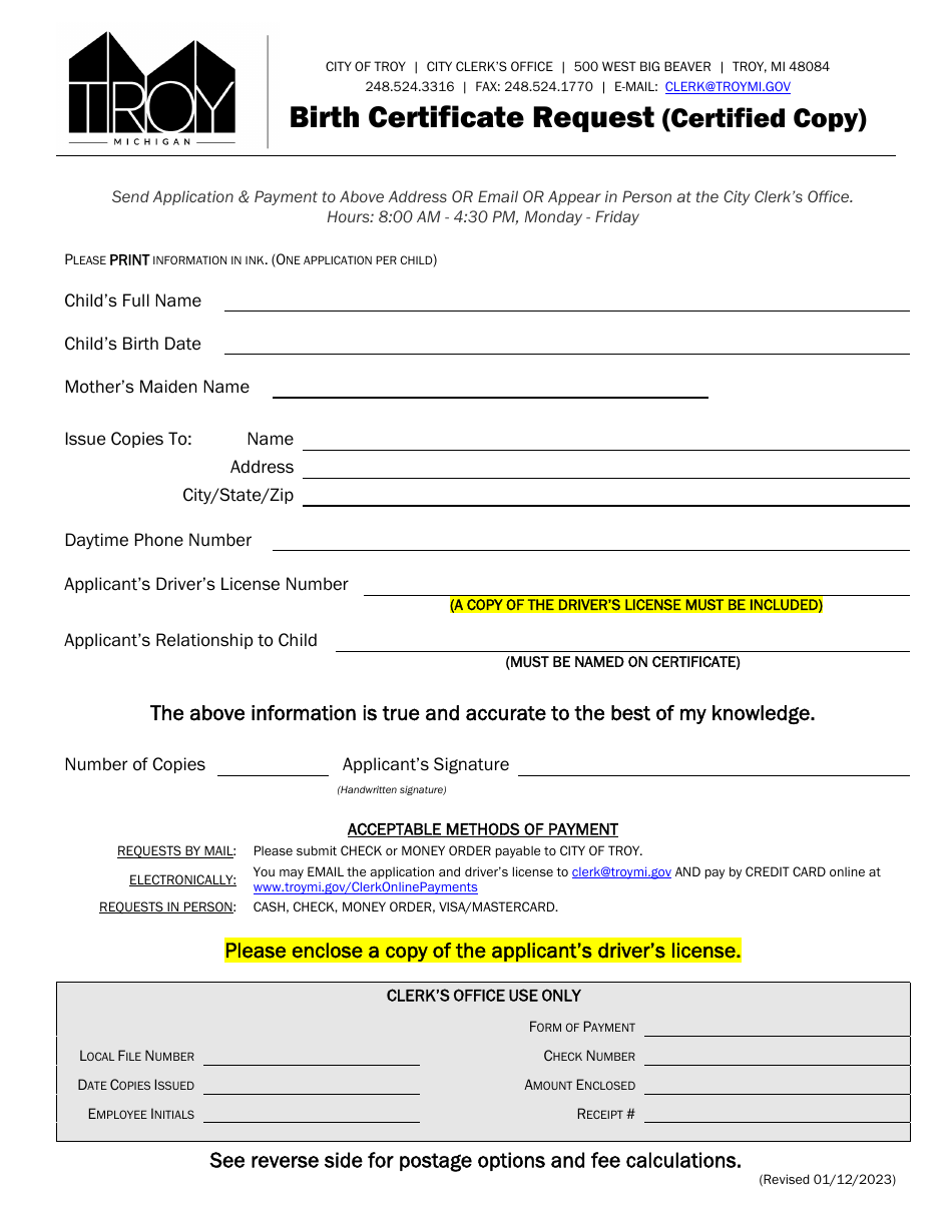 City Of Troy Michigan Birth Certificate Request Fill Out Sign   Birth Certificate Request City Of Troy Michigan Print Big 