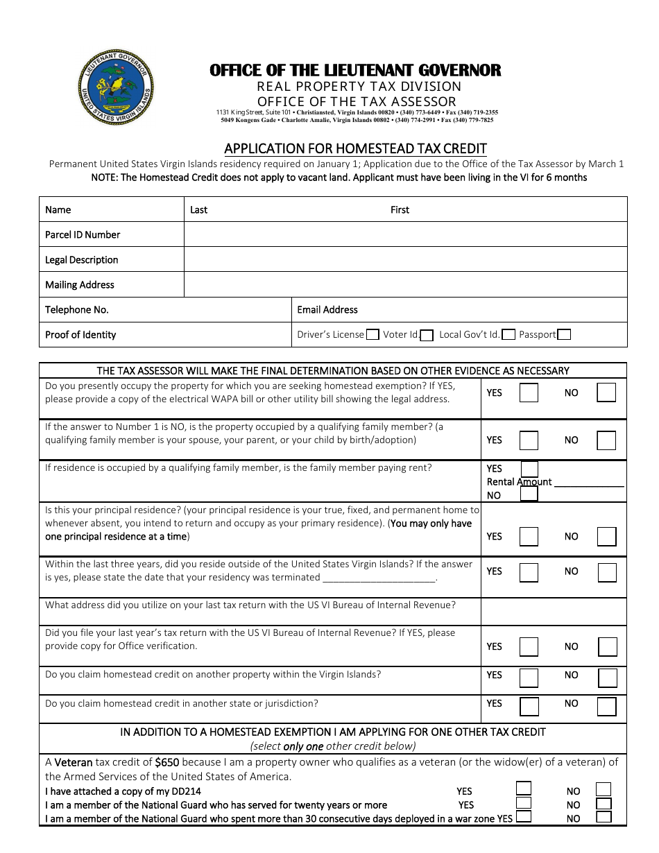 Virgin Islands Application for Homestead Tax Credit Download Fillable