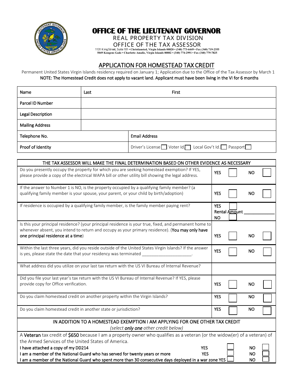 Application for Homestead Tax Credit - Virgin Islands, Page 1