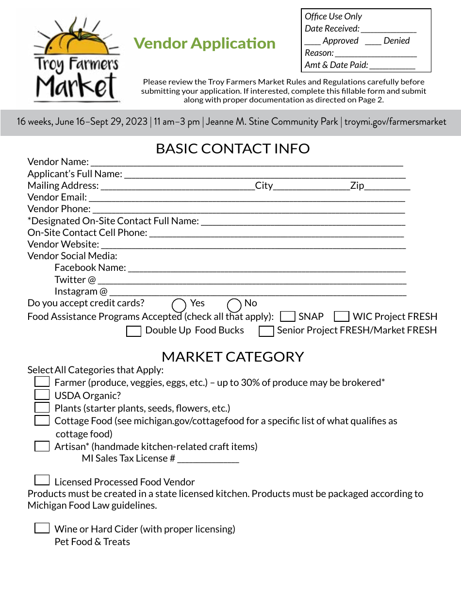 Troy Farmers Market Vendor Application - City of Troy, Michigan, Page 1