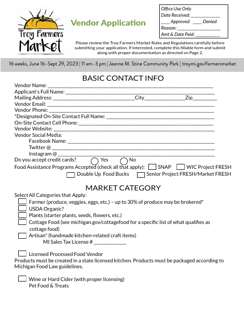 Troy Farmers Market Vendor Application - City of Troy, Michigan, 2023