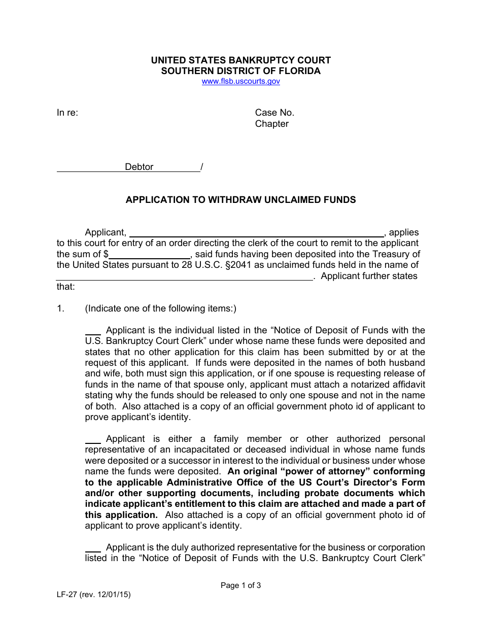 Form LF-27 Application to Withdraw Unclaimed Funds - Florida, Page 1