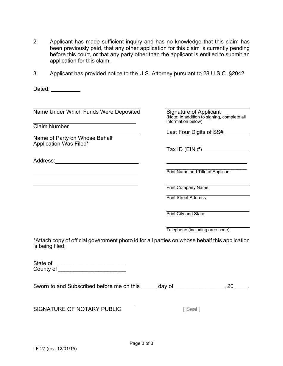 Form LF-27 Application to Withdraw Unclaimed Funds - Florida, Page 3