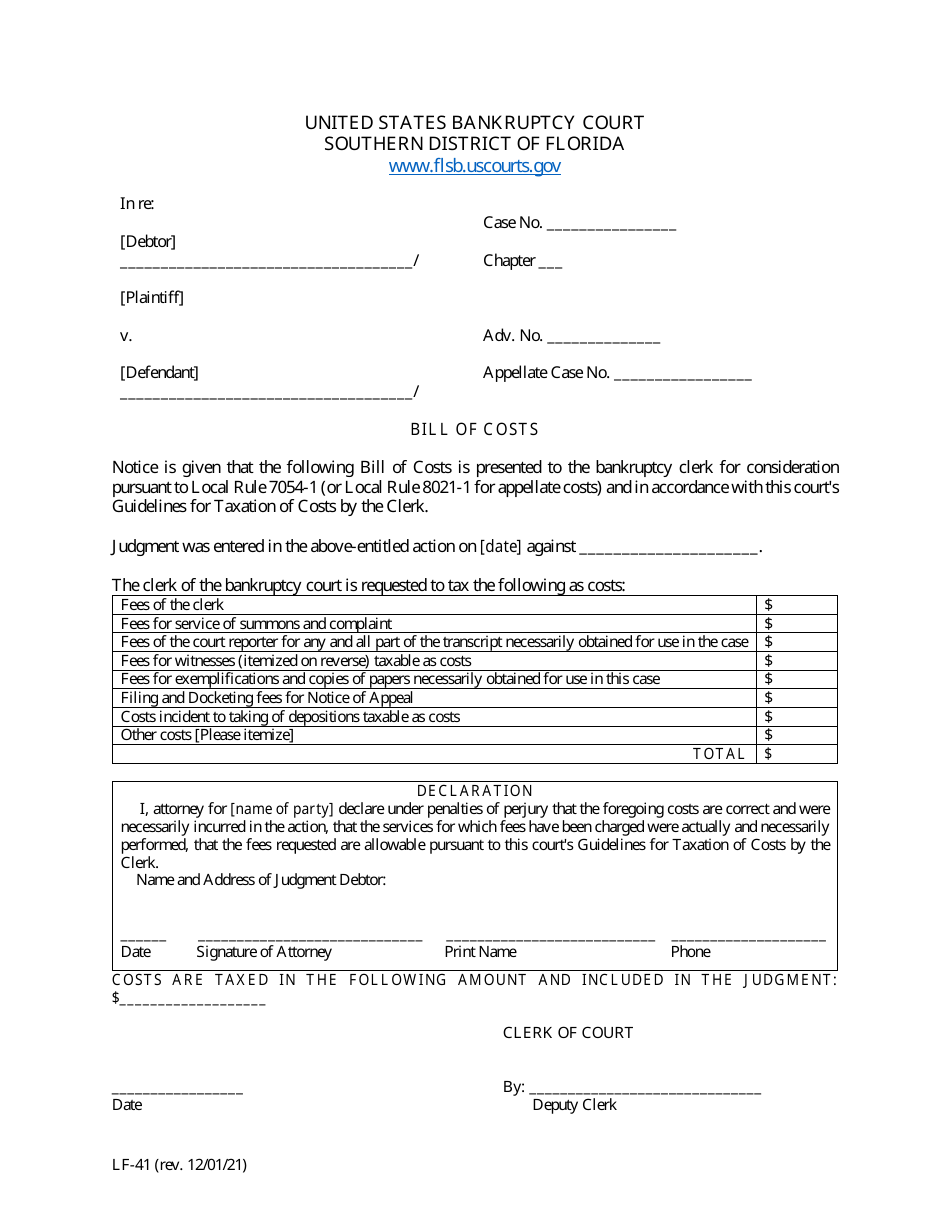 Form LF-41 Bill of Costs - Florida, Page 1