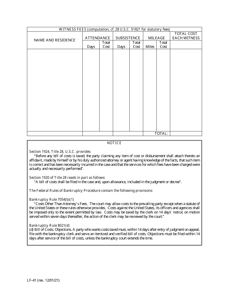 Form LF-41 Bill of Costs - Florida, Page 2