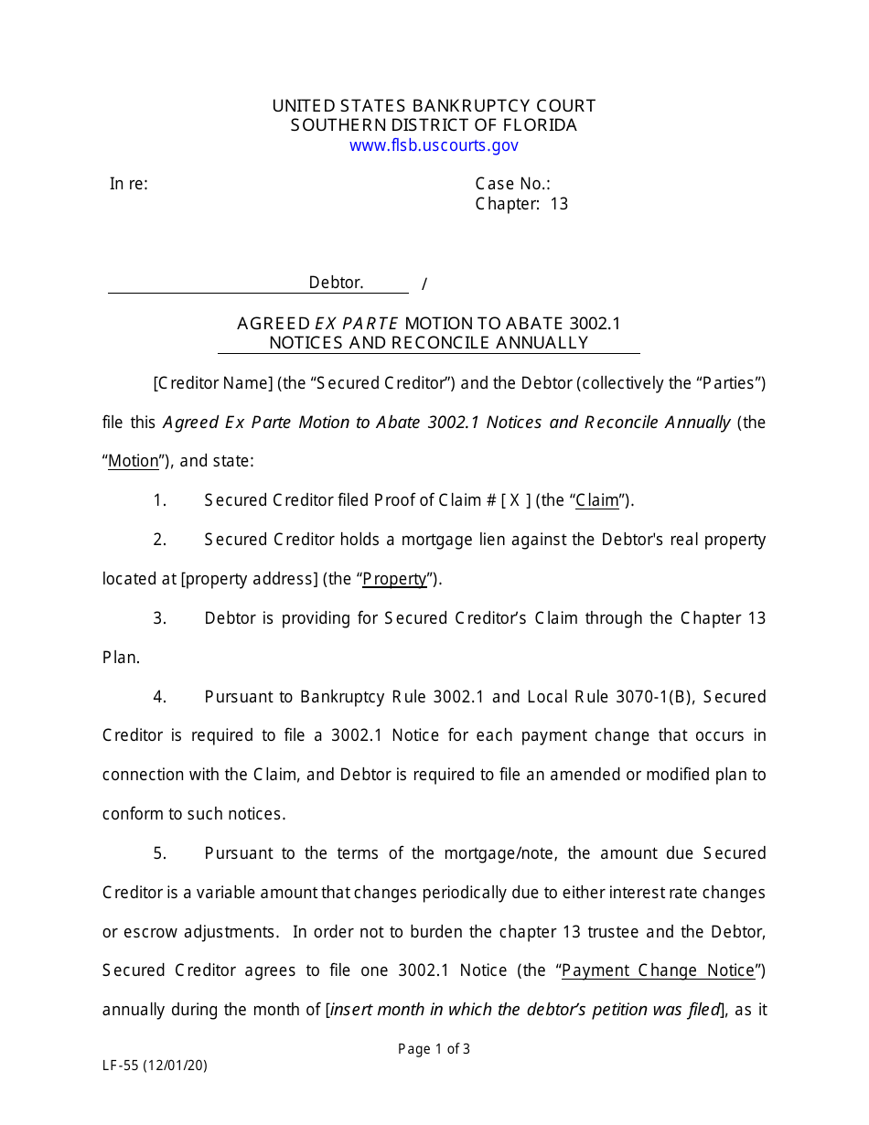Form LF-55 Agreed Ex Parte Motion to Abate 3002.1 Notices and Reconcile Annually - Florida, Page 1