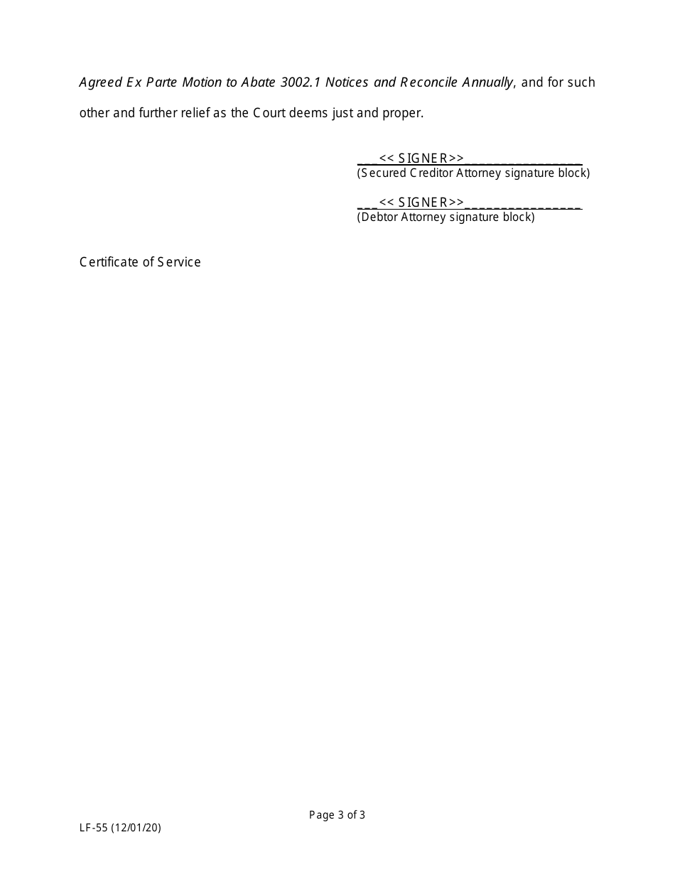 Form LF-55 Agreed Ex Parte Motion to Abate 3002.1 Notices and Reconcile Annually - Florida, Page 3