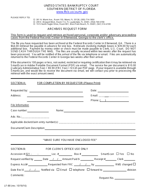 Form LF-88 Archives Request Form - Florida