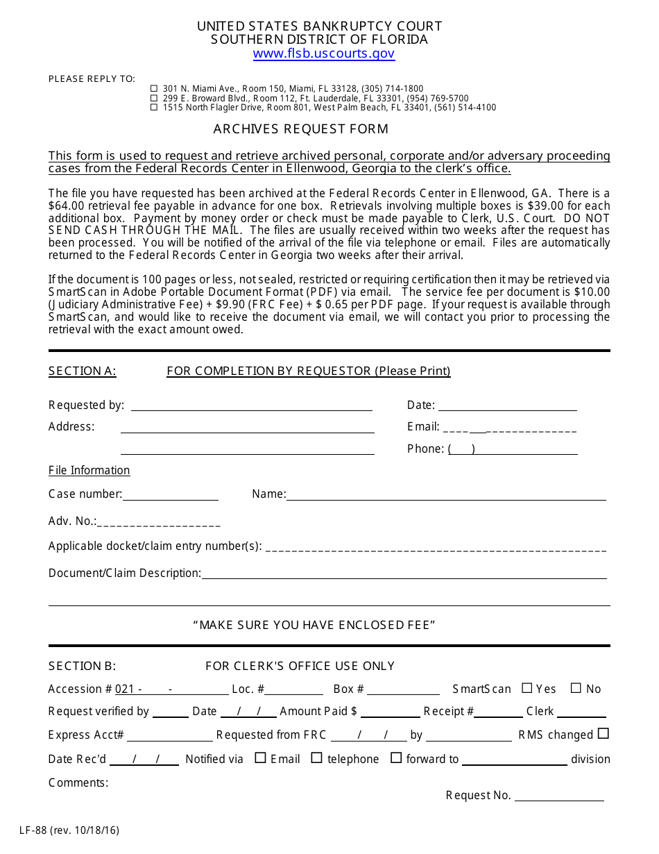 Form LF-88 Archives Request Form - Florida, Page 1