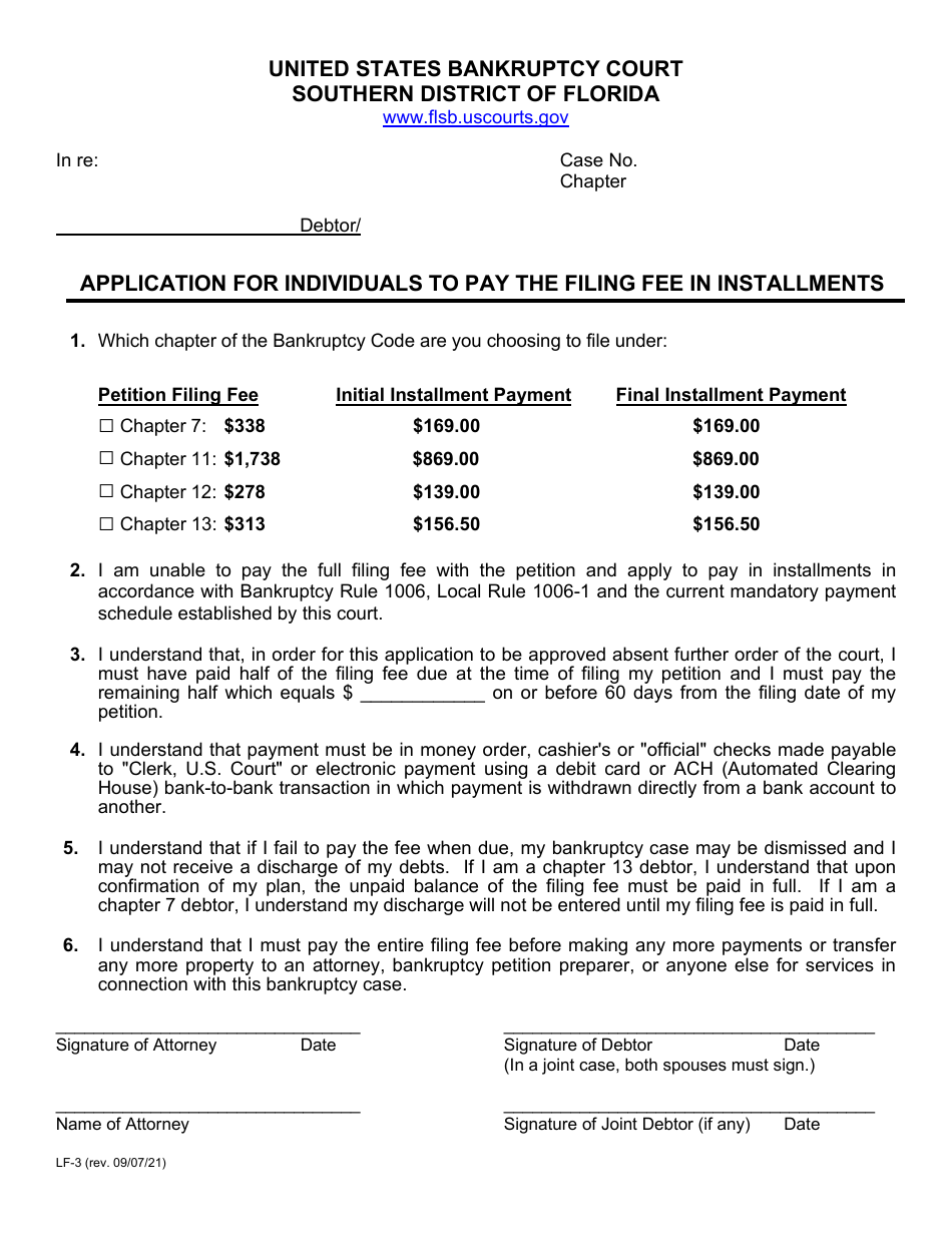 Form LF-3 Application for Individuals to Pay the Filing Fee in Installments - Florida, Page 1