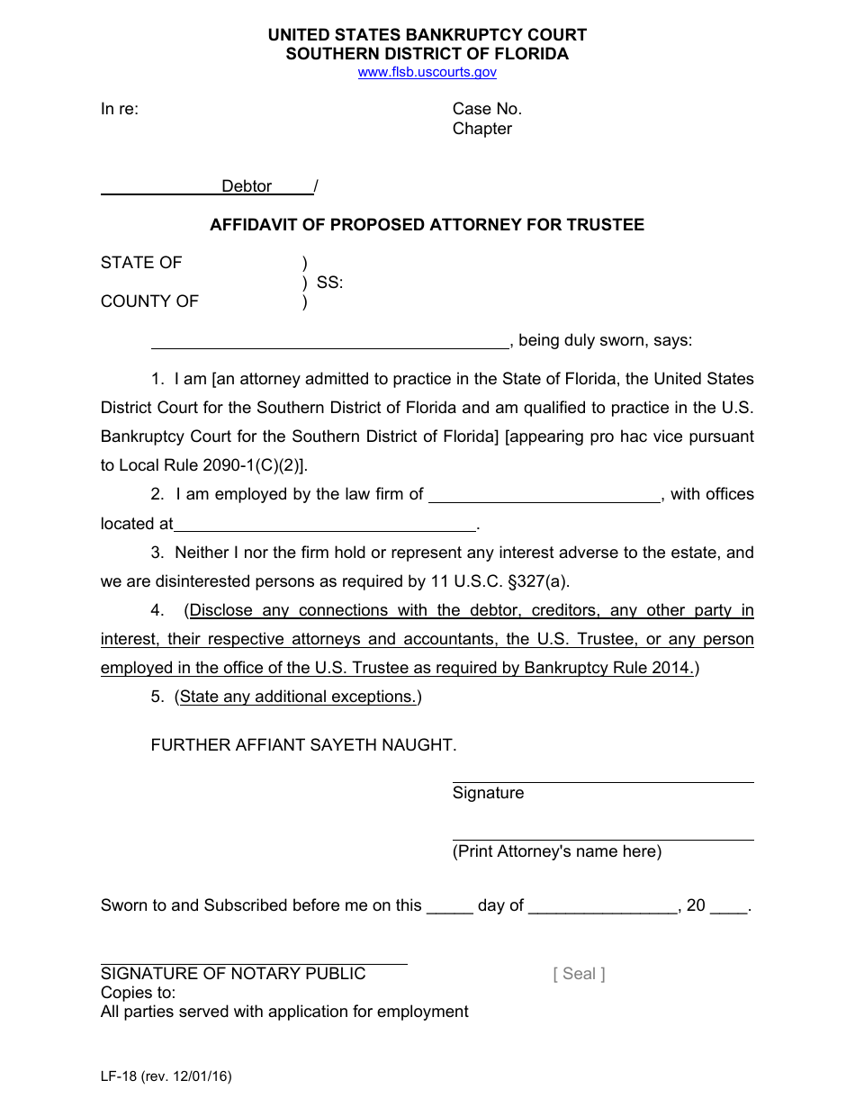 Form LF-18 Affidavit of Proposed Attorney for Trustee - Florida, Page 1