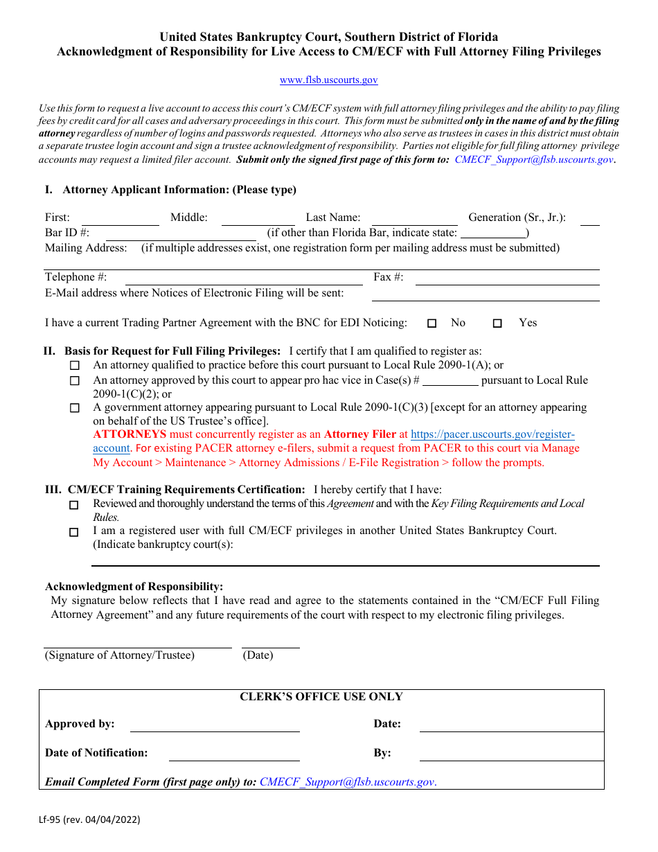 Form LF-95 Acknowledgment of Responsibility for Live Access to Cm / Ecf With Full Attorney Filing Privileges - Florida, Page 1