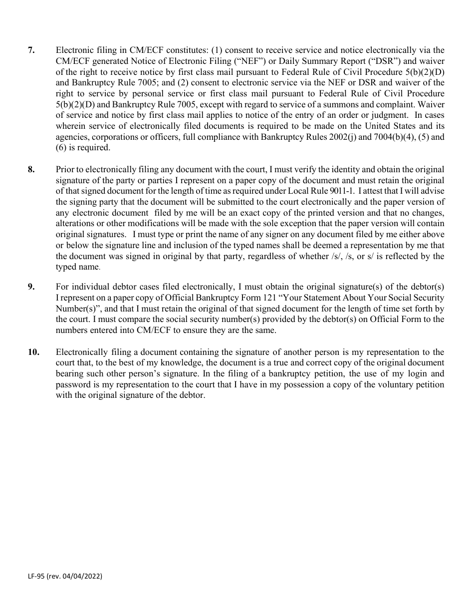 Form LF-95 Acknowledgment of Responsibility for Live Access to Cm / Ecf With Full Attorney Filing Privileges - Florida, Page 3