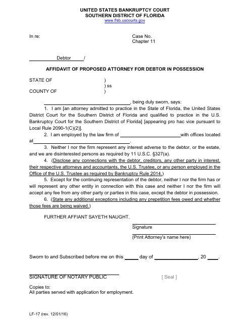 Form LF-17 Affidavit of Proposed Attorney for Debtor in Possession - Florida
