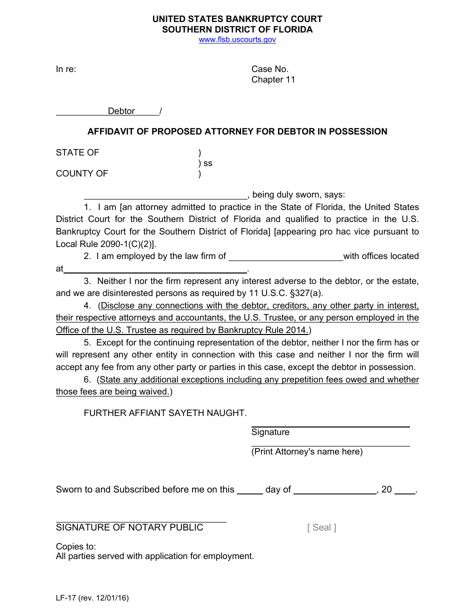 Form LF-17 Affidavit of Proposed Attorney for Debtor in Possession - Florida, Page 1