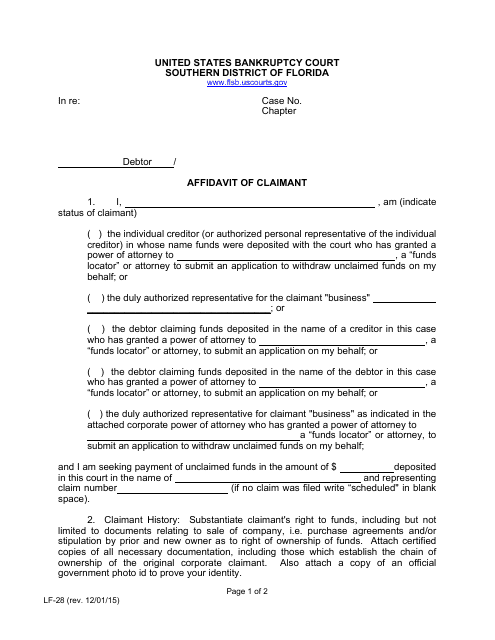 Form LF-28 Affidavit of Claimant - Florida