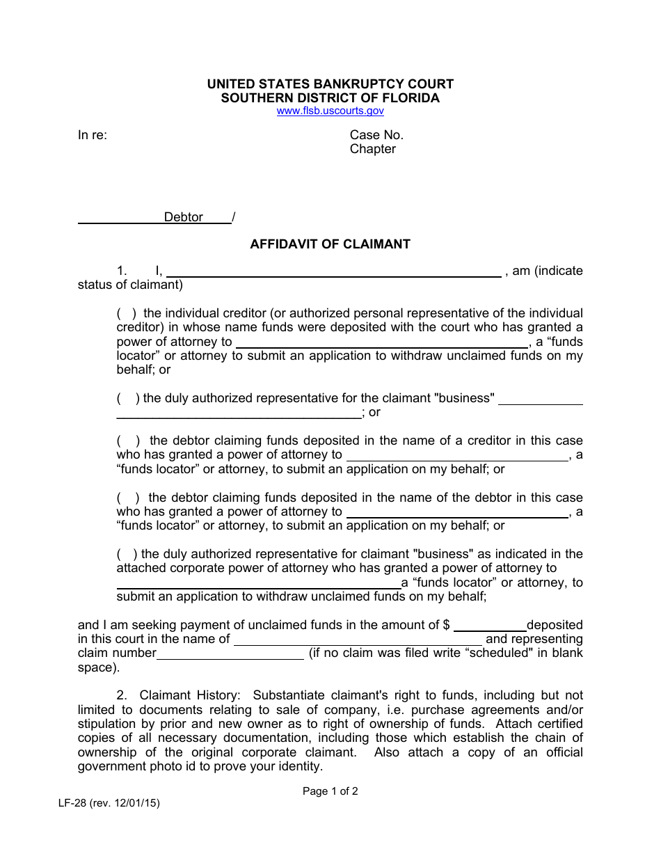 Form LF-28 Affidavit of Claimant - Florida, Page 1