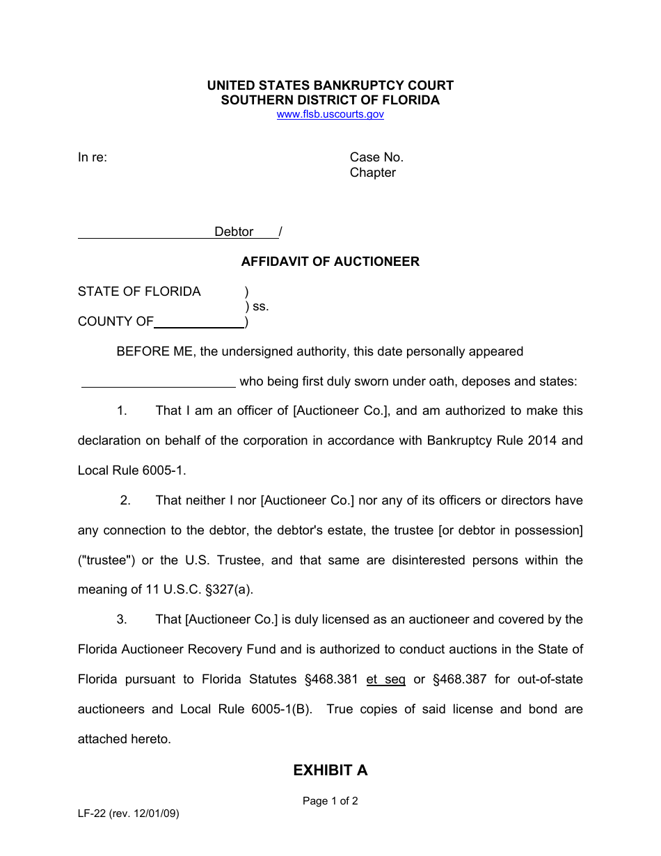Form LF-22 Exhibit A Affidavit of Auctioneer - Florida, Page 1
