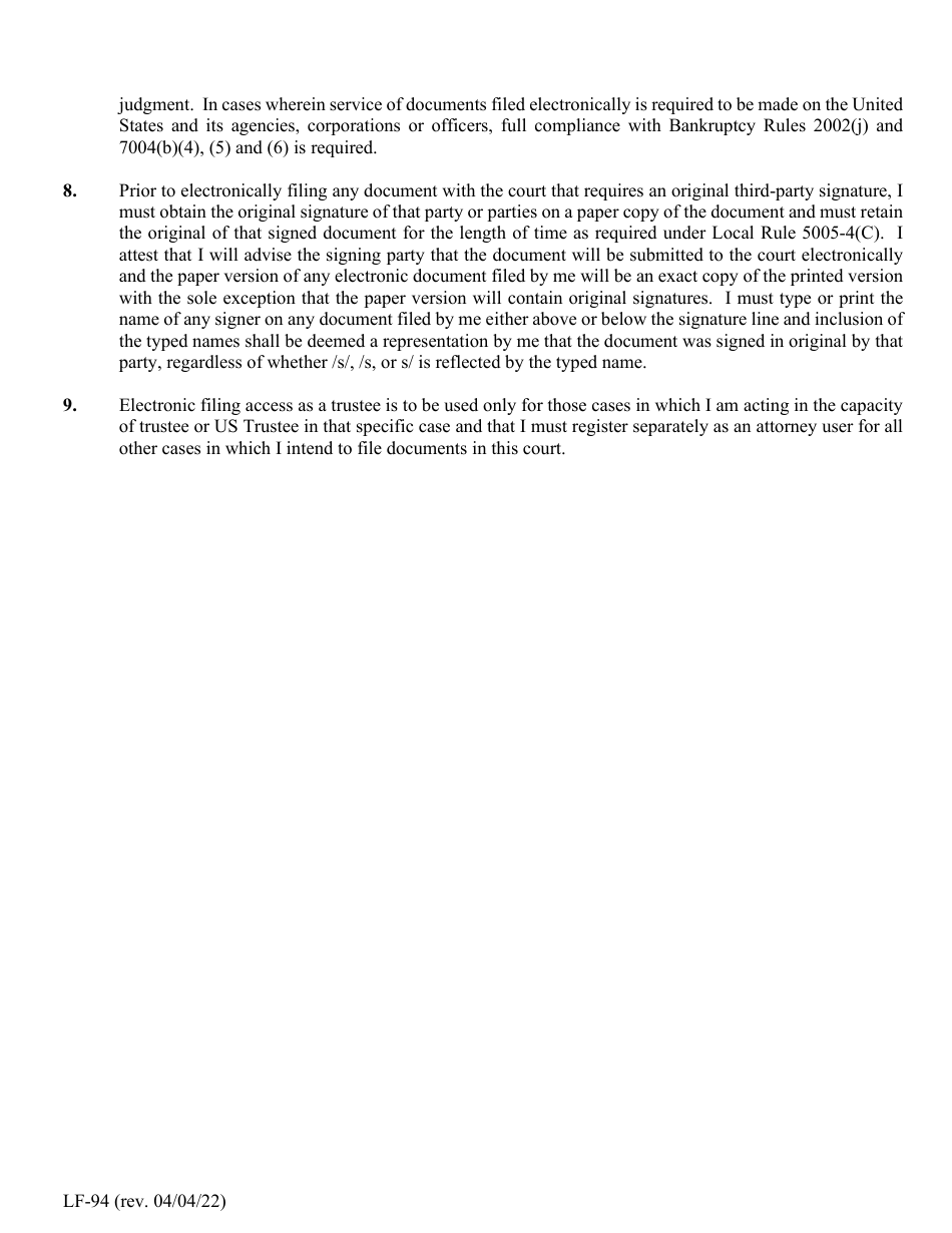 Form LF-94 Acknowledgment of Responsibility and Request for Live Access to Cm / Ecf With Trustee / US Trustee Filing Privileges - Florida, Page 3