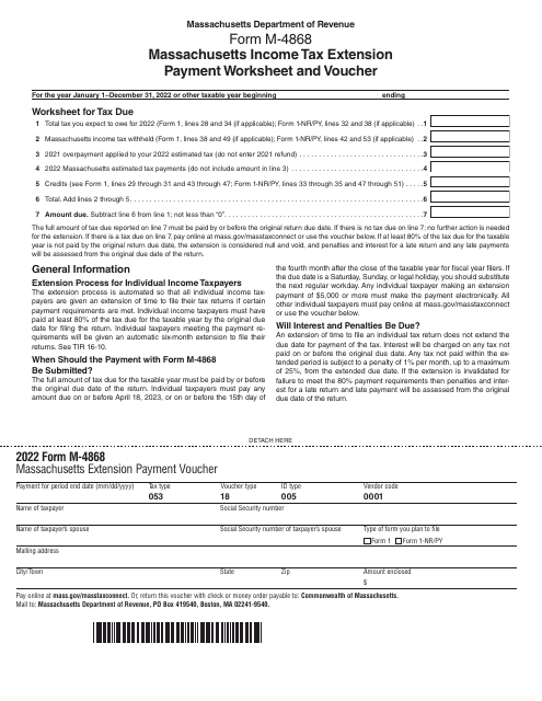 Form M-4868 Massachusetts Income Tax Extension Payment Worksheet and Voucher - Massachusetts, 2022