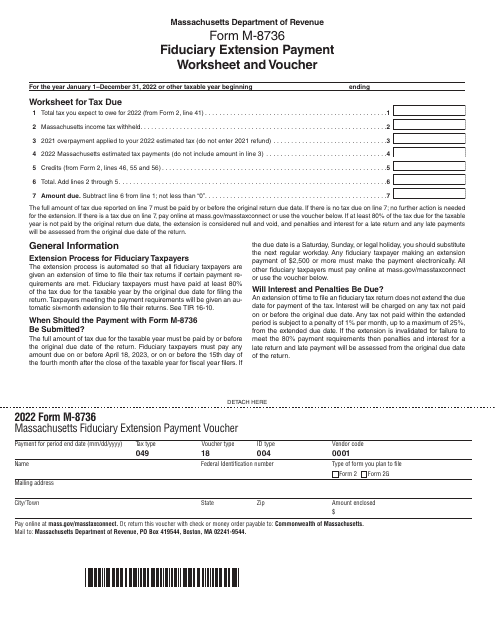 Form M-8736 Fiduciary Extension Payment Worksheet and Voucher - Massachusetts, 2022