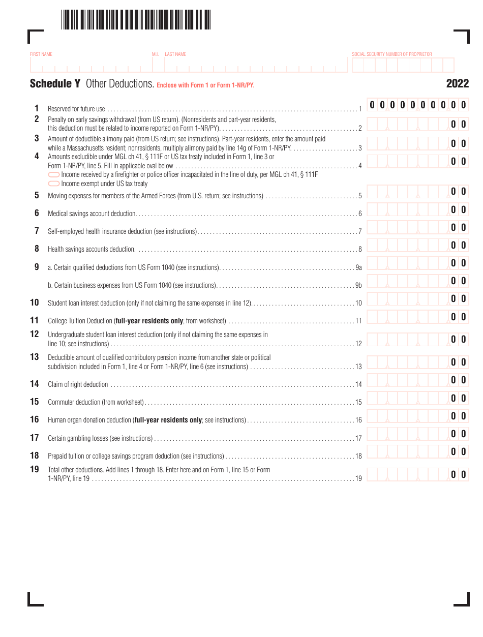 Schedule Y Other Deductions - Massachusetts, Page 1