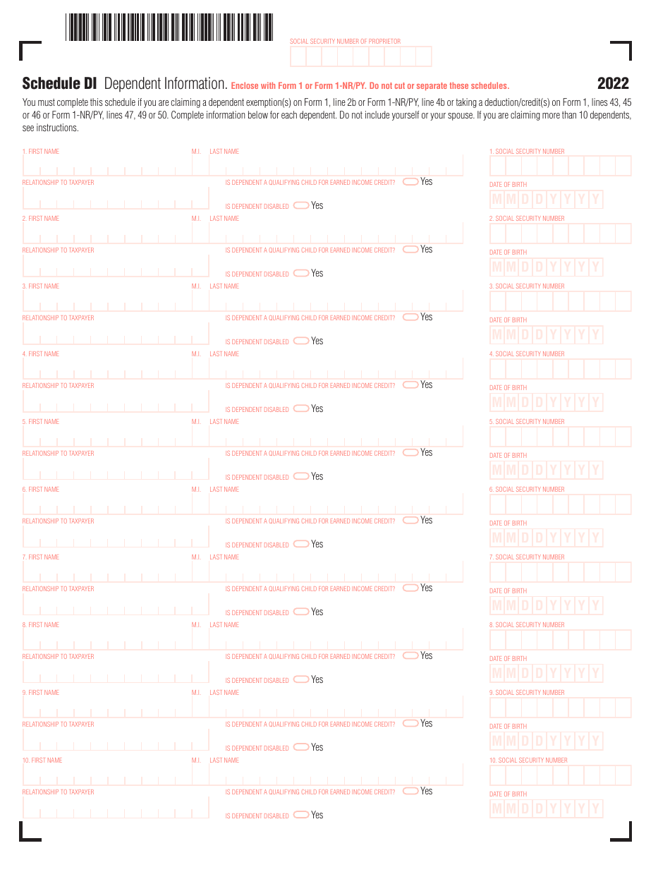 Schedule DI Dependent Information - Massachusetts, Page 1