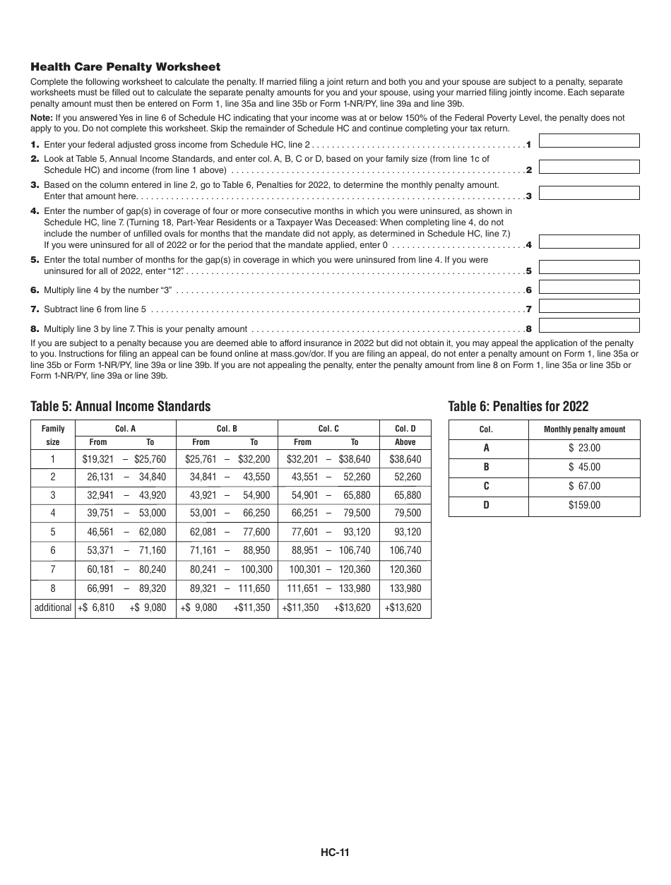 Instructions for Schedule HC Health Care Information - Massachusetts, Page 11